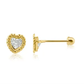 14E00320. - 14 Karat Yellow Gold Beaded Edge Heart Clear CZScrew Back Stud Earring