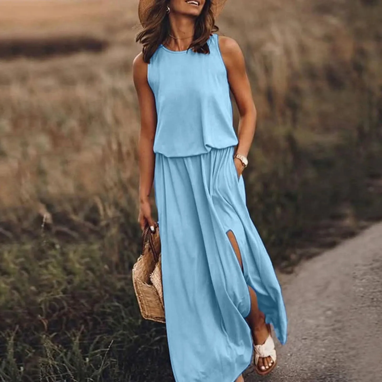 Amy Fashion - Casual Solid Round Neck Beach Dress Sleeveless Slit Dress