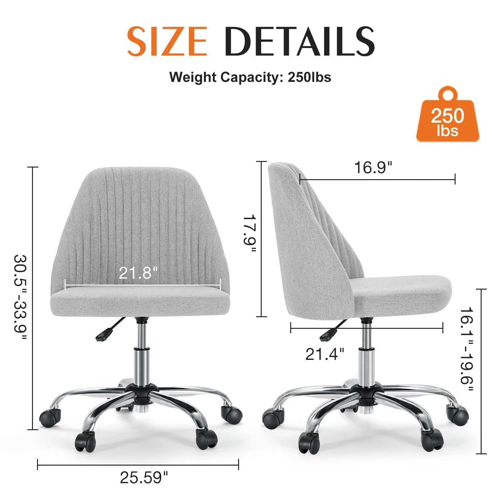 Armless Home Office Desk Chair with Wheels, Adjustable Swivel Task Chair for Small Spaces