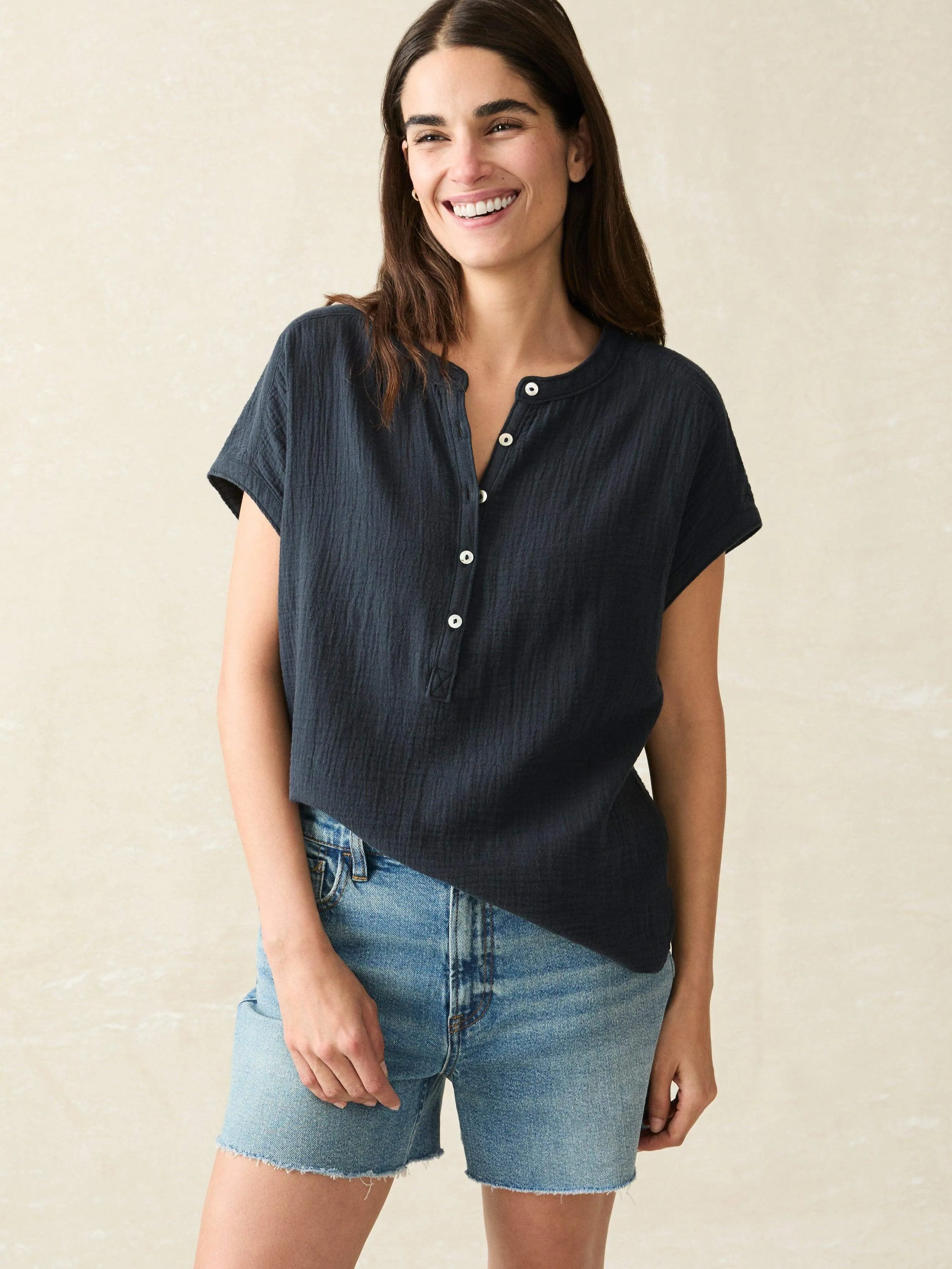 Dream Cotton Gauze Desmond Top - Navy