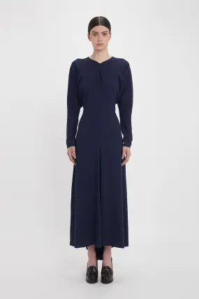 Exclusive Long Sleeve Draped Midi Dress In Ink Blue