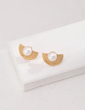 Fan-Shaped Pearl Stud Earrings