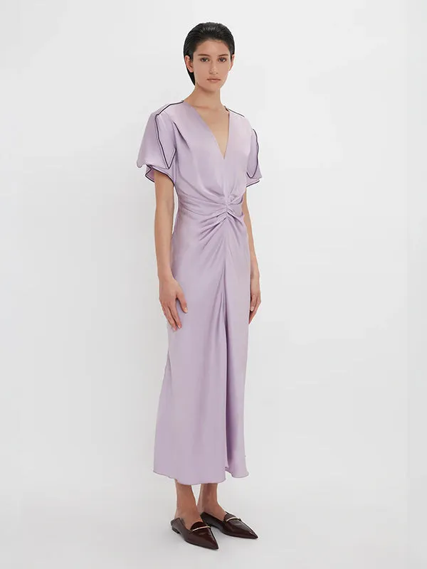 Gathered V-Neck Midi Dress In Petunia