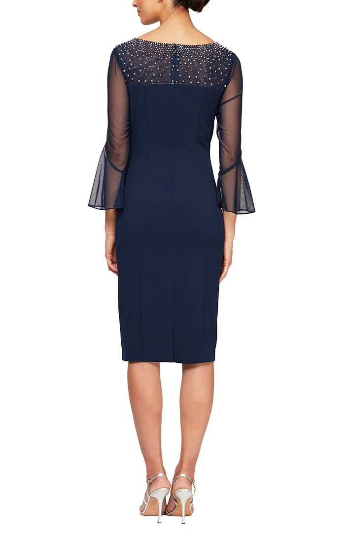 Illusion Neckline Bell Sleeve Dress With Metallic Accents | Navy