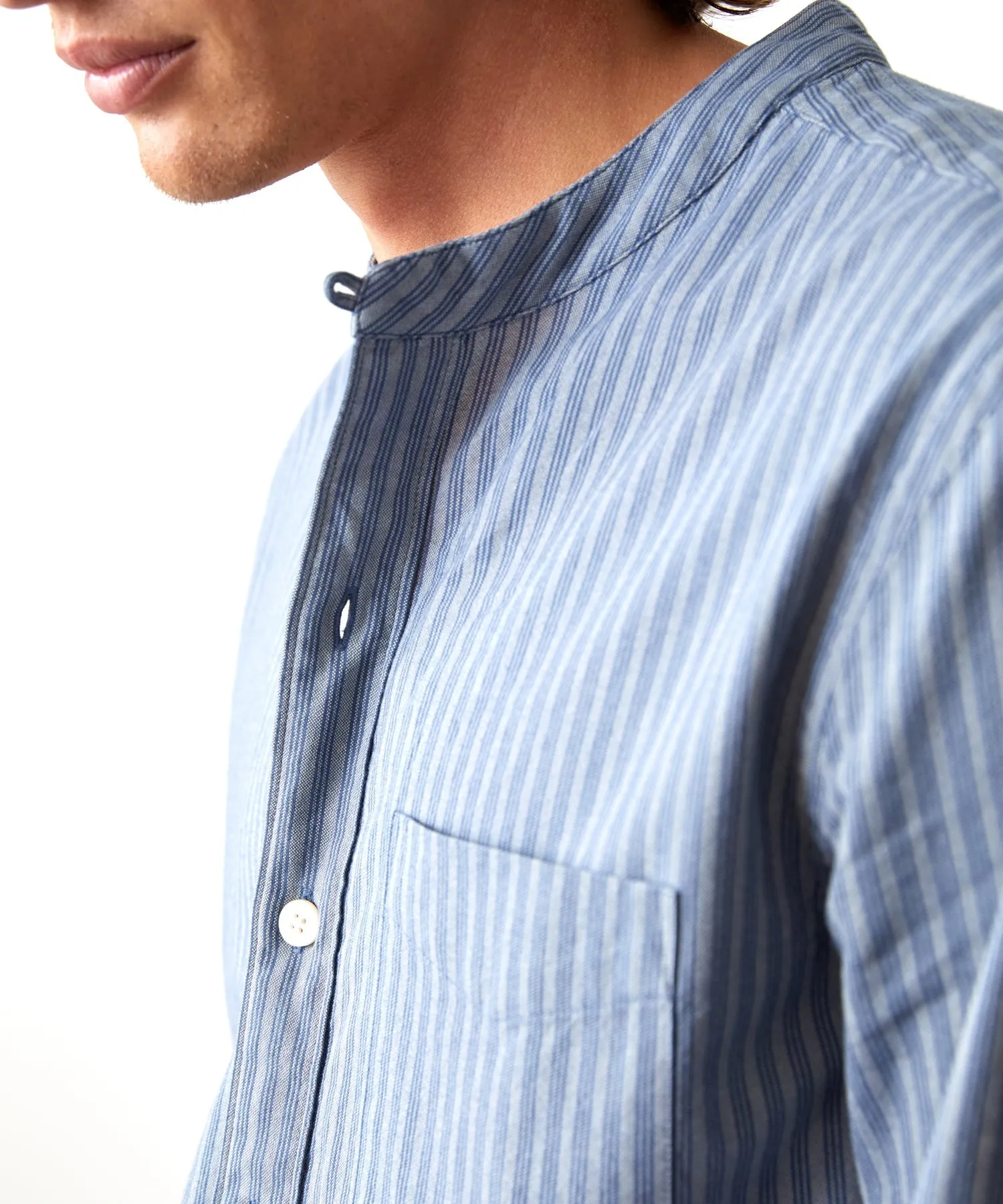 Indigo Striped Band Collar Shirt