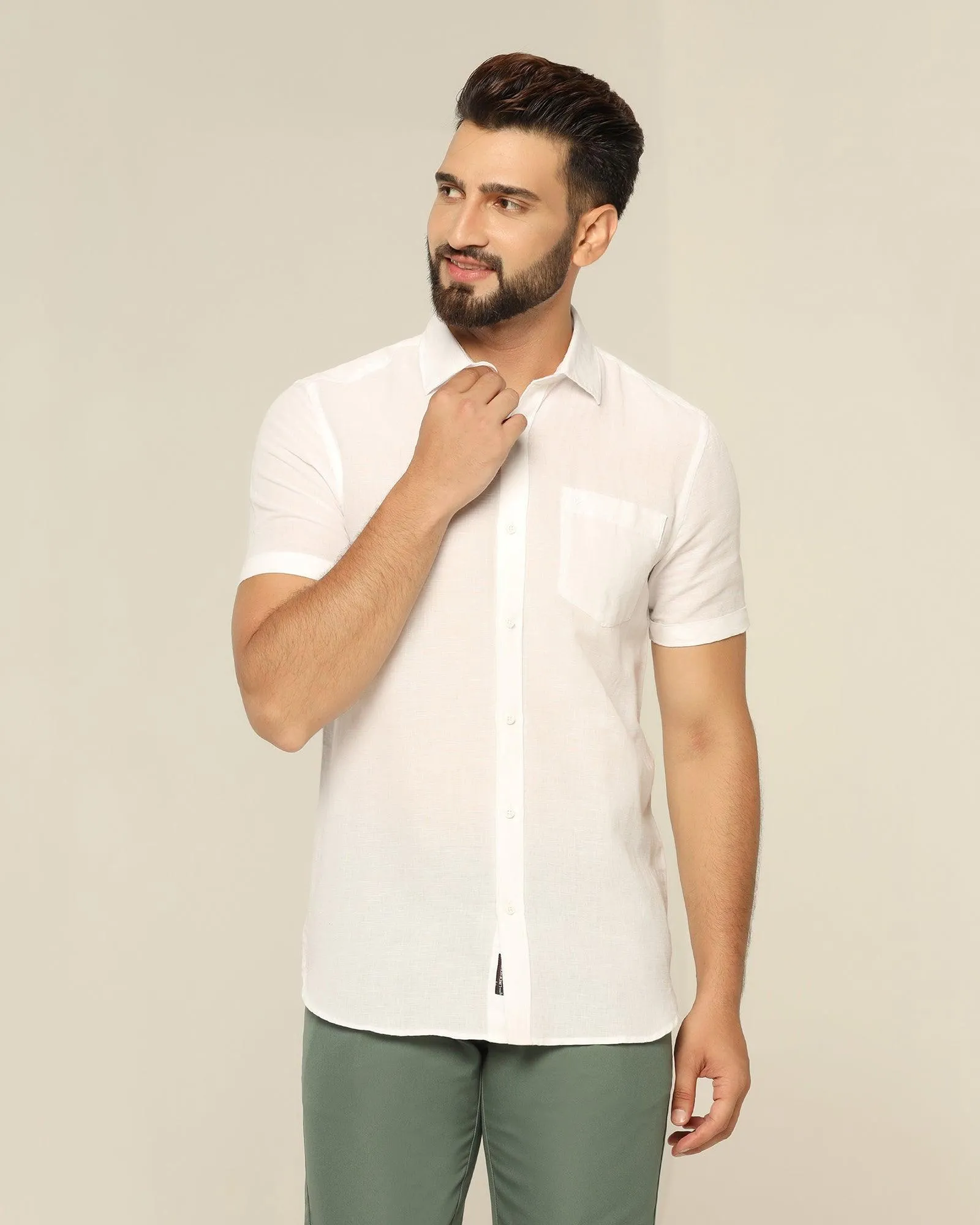 Linen Casual Half Sleeve White Solid Shirt - Salmon