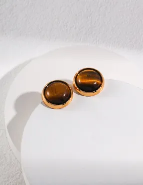 Round Tiger Eye Stone Stud Earrings