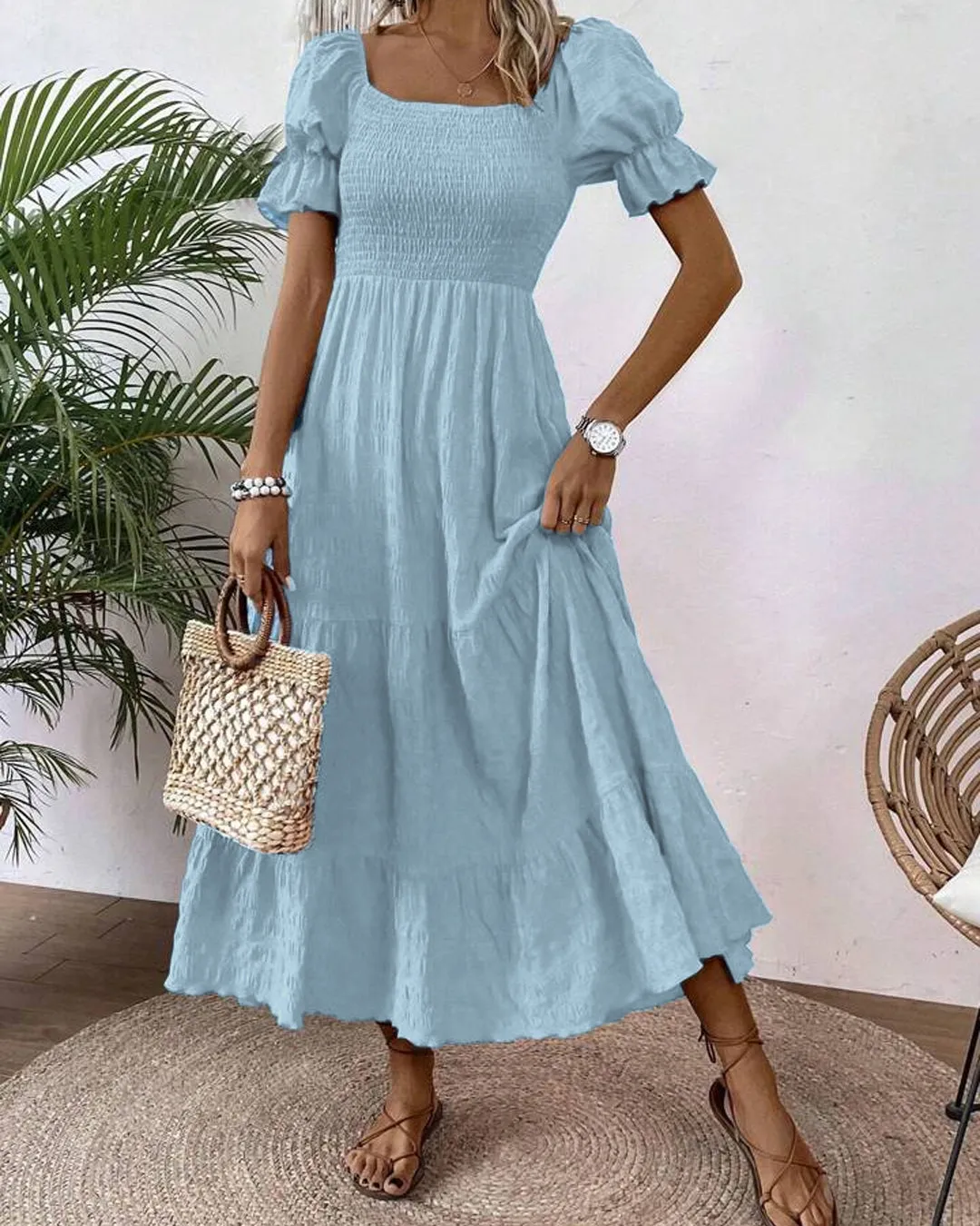 Square Neck Puff Sleeve A-line Puff Sleeve Long Light Blue Dress