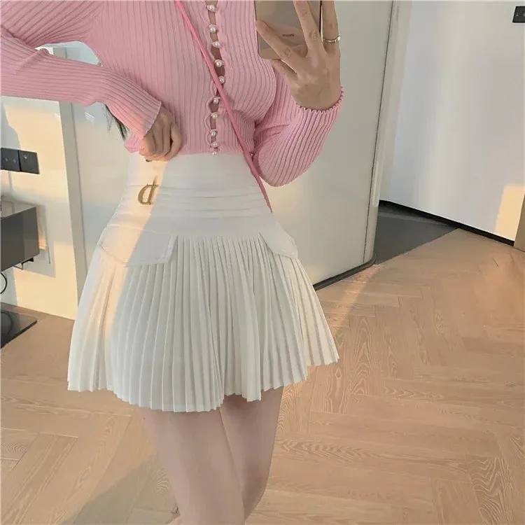 Summer White Pleated Skirts Sexy Casual Slim College Women High Waist Mini Metal Letter D Ontwerp A-lijn Korean Fashion Style