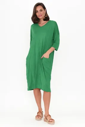 Travel Green Crinkle Cotton Sleeved Dress